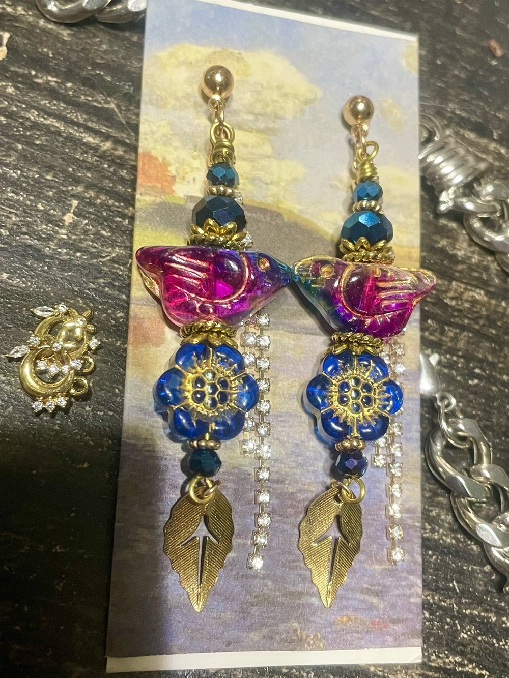 Hand Crafted Purple & Blue Glass Floral Dangle Earrings with Gold Leaf Charms - Picture 3 of 5